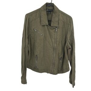 Linen Blend Cropped Moto Jacket Womens 18 Olive Green Zip‎ Utility Minimalist